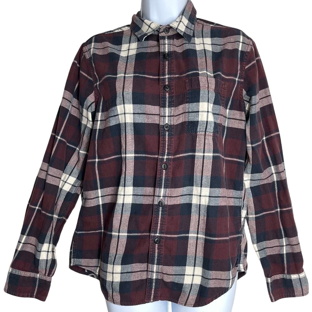 American Eagle Button Up Shirt Women Size S Burgundy Blue Plaid Cotton Preppy